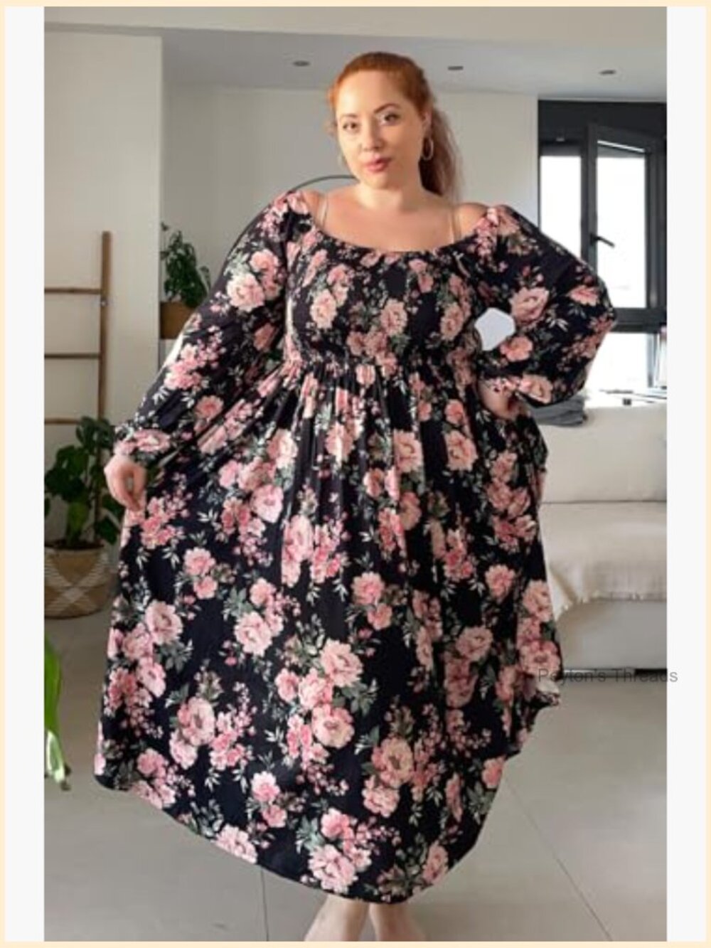 Plus Size Square Neck Long Sleeve Smocked Maxi Dress with Pockets - Picture 3 of 7